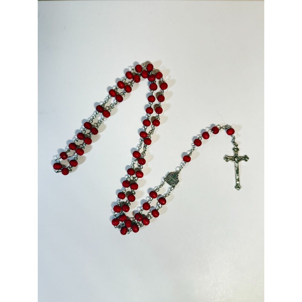 Red Wood Bead Rosary Jerusalem Cross Holy Sepulchre Silver 27 In